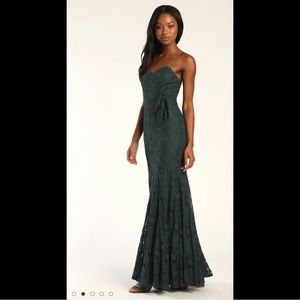 Dark Green Lace Floor Length Dress